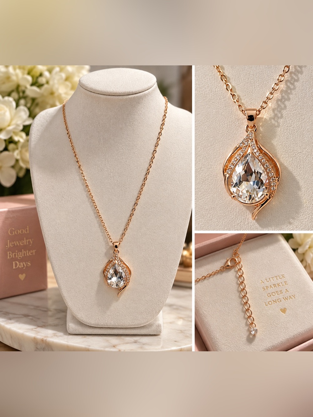Rose Gold Tone Teardrop Crystal Pendant Necklace Adjustable Sparkle Jewelry